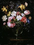 Clematis, a Tulip and other flowers in a Glass Vase on a wooden Ledge with a Butterfly Juan de Arellano